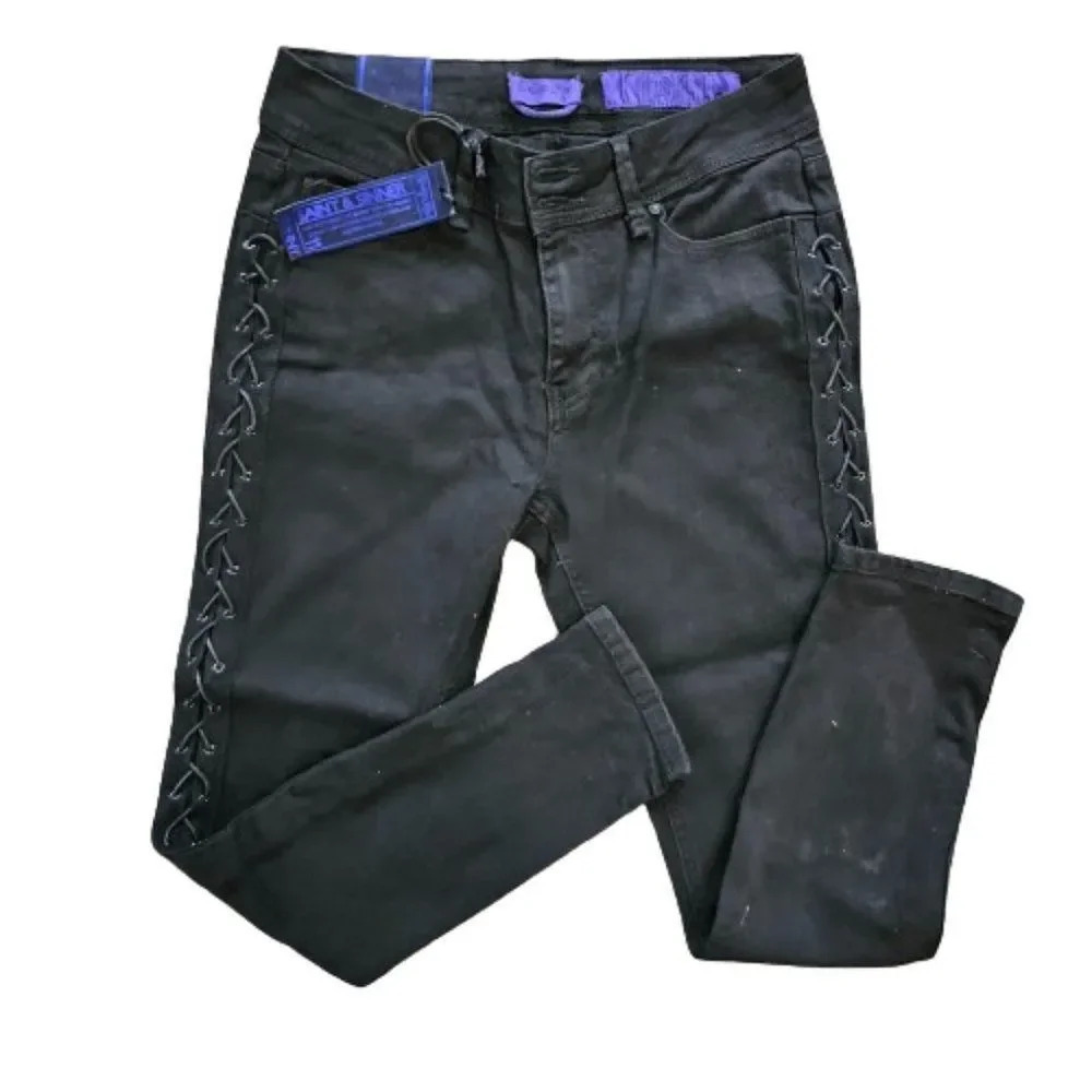 Indigo Rein Women's Black Saint & Sinner Mid rise Skinny lace Up Jeans Size 11